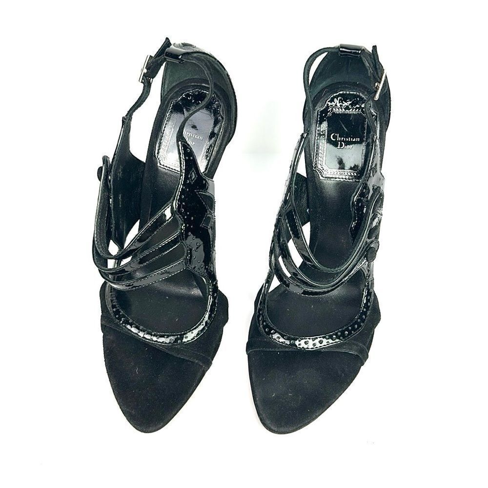 CHRISTIAN DIOR Black Patent Leather Suede Strappy Heels Pumps Sandals 37,5 US5,5 - Picture 7 of 16